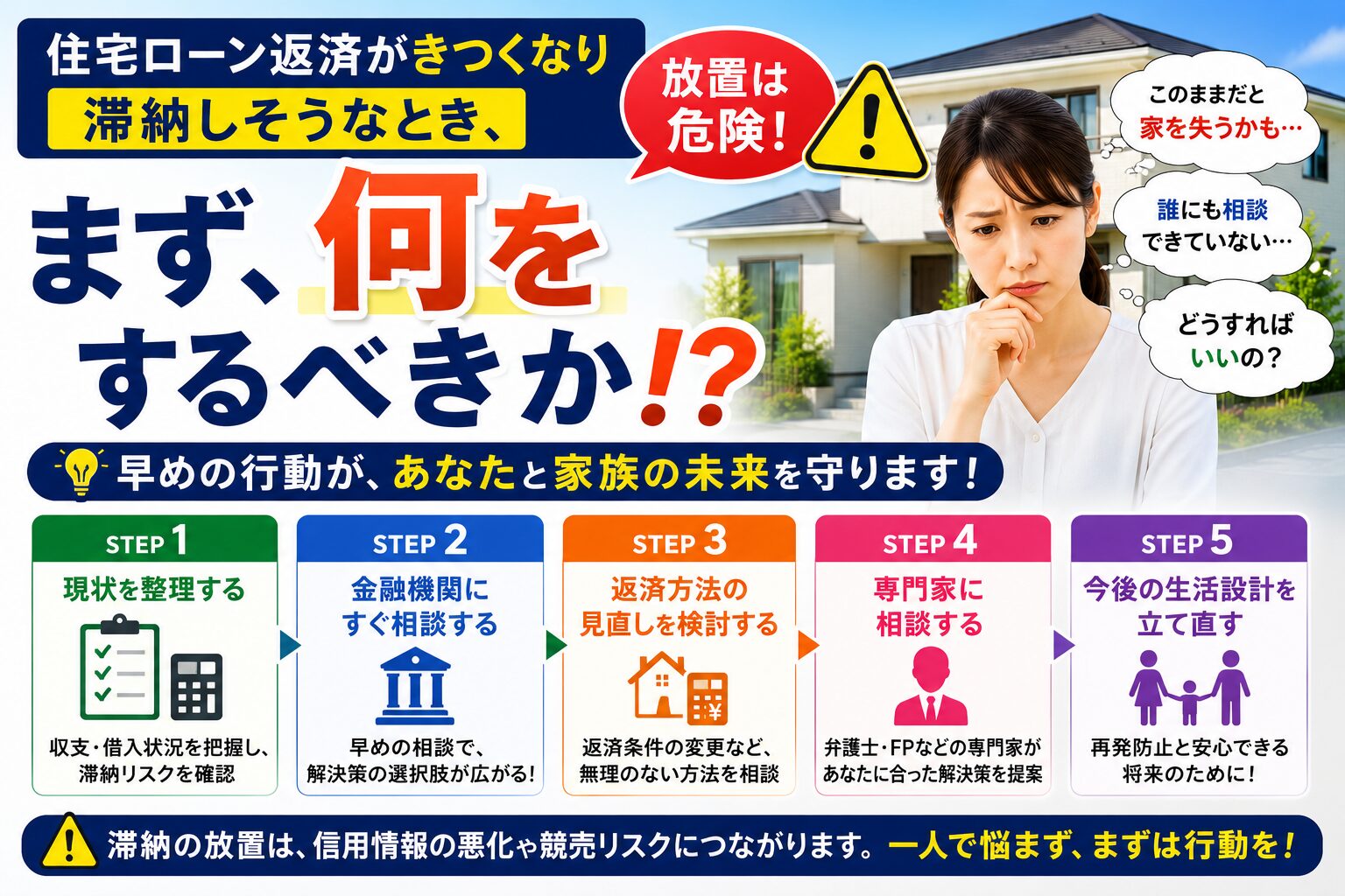住宅ローン返済がきつくなり滞納しそうなとき、まず、何をするべきか 